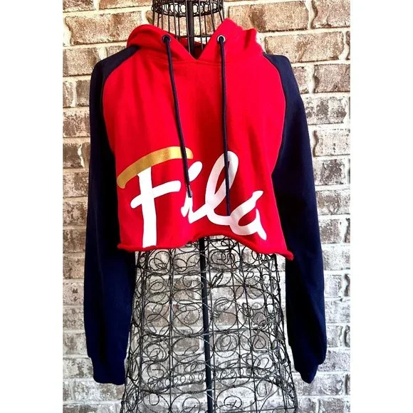 NWOT Fila Cropped Hoodie Large Red Navy Drawstring Logo Fleece Lined Swe… - Picture 2 of 12
